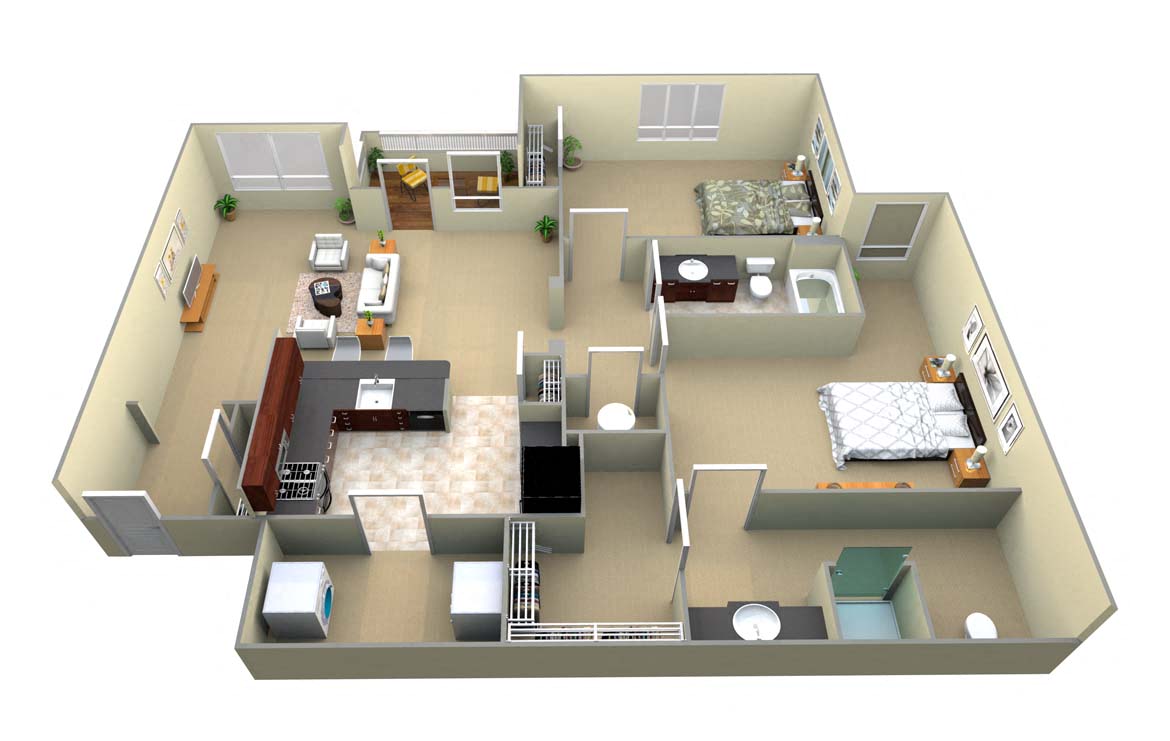 Floor plan for 2 beds, 2 baths, 1232 sqft